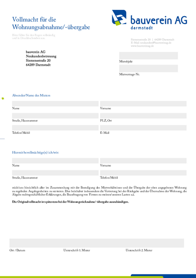 Vollmacht für die Wohnungsabnahme/-übergabe
