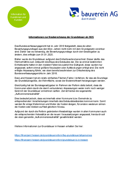 Informationen zur Neuberechnung der Grundsteuer ab 2025